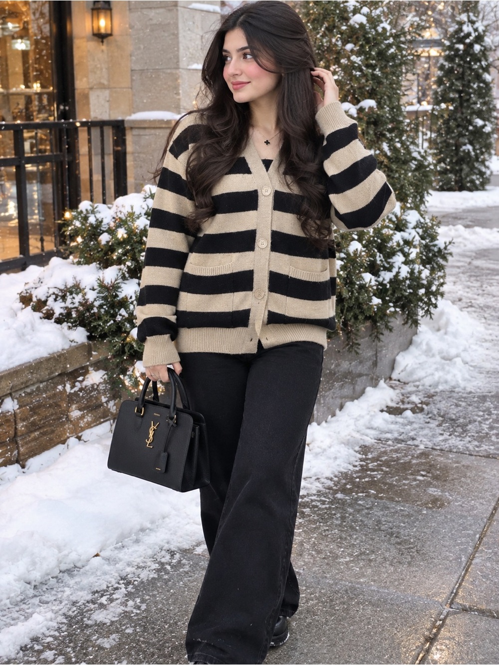 Striped Beige and Black Button-Up Cardigan Sweater